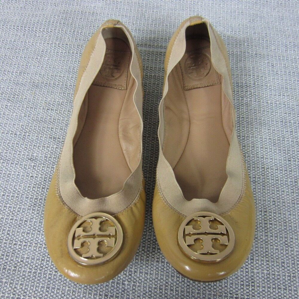 Tory Burch Flat Shoes Women 7 Tan Caroline Elastic Slip On Leather Ballet Patent